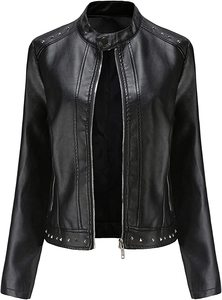 Vestes en cuir PU à fermeture éclair pour femmes vestes décontractées imperméables d'extérieur courtes - Product Image 2