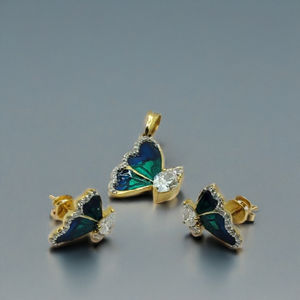 Élégantes boucles d'oreilles clous en or 22 carats avec pendentif assorti, ensemble de bijoux élégants en pierre bleu-vert pour femme - Product Image 2
