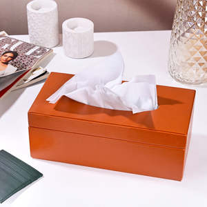 Caja de pañuelos y servilletero de cuero vegano marrón de lujo, ecológico, con detalles grises para decoración clásica de coches y oficinas - Product Image 2