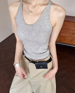 Women's Gray Ribbed Knitted Crew Neck Tank Top Solid Minimalist Breathable Casual Wear Polyester/Cotton Short - Product Image 2