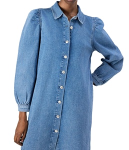 Robe chemise sans manches en dentelle froncée bleue pour femmes OEM Vêtements de mode trapèze pour femmes Vente en gros pour exportation BD - Product Image 3