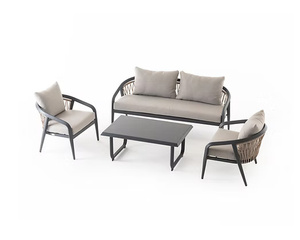 Este conjunto de sofás está hecho de aluminio de calidad con respaldo de cuerda tejida y cojín impermeable para uso en interiores o exteriores. - Product Image 1