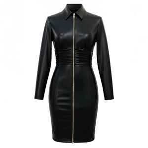 Robe moulante en similicuir PU à manches longues, col montant et fermeture éclair, style décontracté pour femmes, idéale pour les soirées et les clubs. - Product Image 1