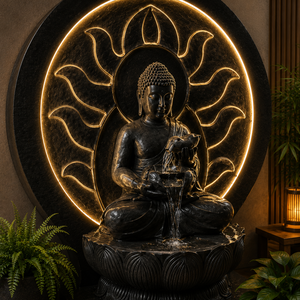 Fontaine d'eau Bouddha haut de gamme avec halo LED rétroéclairé, sur pied, en fibre artisanale, fontaine de méditation intérieure de luxe pour la maison et le temple - Product Image 5