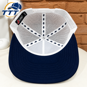 Gorra Trucker Personalizada de 5 Paneles, Malla Azul Marino y Blanca, con Parche Bordado, Cierre a Presión, Fabricante Vietnamita, OEM, ODM, Venta al Por Mayor, Fábrica de Gorras VN - Product Image 4