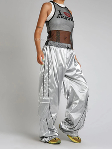 Metallic Silver <b>Parachute</b> <b>Pants</b> Women Vintage Elastic Waist Wide Leg Casual Sweatpants Jazz Dancer Skater Y2k Clothes - Product Image 3