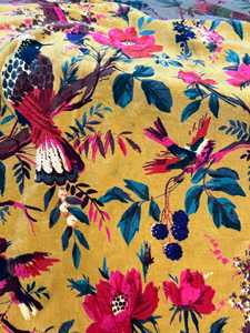 Tissu en velours de coton imprimé à la main, jaune moutarde, à motifs floraux, pour ameublement et quilting, vendu au mètre, imprimé oiseaux - Product Image 4