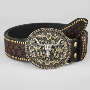 Ceinture d'outillage à main en cuir pleine fleur véritable sculpté à fleurs de style occidental avec rivets et boucle en laiton de créateur - Product Image 2