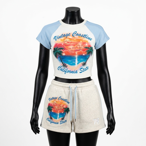 Womens 320 GSM Cotton Polyester Orange Crop <b>Top</b> Short Set <b>Rhinestone</b> Print Custom Logo 100% Cotton T shirt & Shorts - Product Image 3