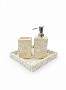 New Arrival Handmade Mother of Pearl <b>Bathroom</b> <b>Set</b> of 4 Pcs MOP <b>Bathroom</b> <b>Accessories</b> <b>Bathroom</b> Dispenser Tumbler Tray Soap Dish - Product Image 4