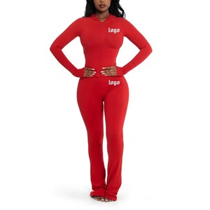 Conjunto Deportivo de Dos Piezas para Mujer con Logotipo Personalizado, Pantalones Acampanados con Cierre y Cuello Alto, Color Sólido, para Otoño - Product Image 2