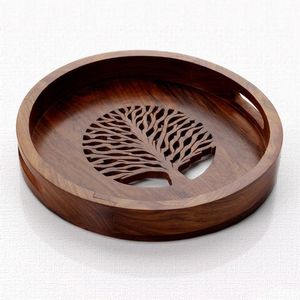 Bandeja Redonda de Madera para Servir con Diseño de Árbol Recortado, Acabado Pulido, Hecha a Mano para Uso Residencial - Product Image 1