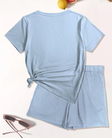Women 2 Piece Set Light Blue Floral Embroidery Short Sleeve Top Knee Shorts Casual Regular Fit Breathable Polyester/Cotton