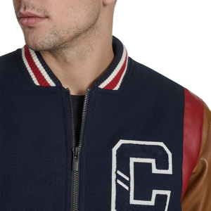 <b>Men's</b> Navy Varsity <b>Jacket</b> With <b>Leather</b> Sleeves Embroidered C Logo Zipper Closure Preppy Style Autumn Wear - Product Image 4