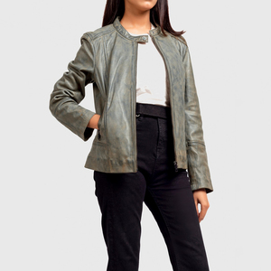 Women's Olive Genuine <b>Leather</b> Moto <b>Jacket</b> Full Sleeve Stand Collar Zipper Closure Autumn Style - Product Image 5