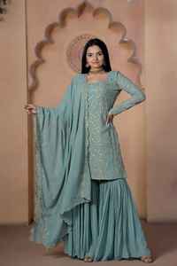 Traje de Fiesta Premium de Diseñador, Salwar Kameez Sharara Dupatta de Georgette Sintética, con Bordado y Lentejuelas, para Bodas y Festivales - Product Image 4