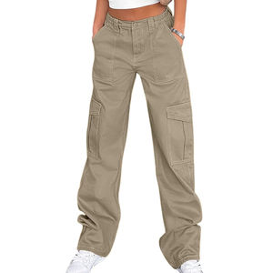 Pantalones Cargo Azules Lavados de Alta Calidad con Múltiples Bolsillos, Jeans de Cintura Alta para Mujer, Pantalones Cargo de Pierna Ancha para Chica, Poliéster/Algodón - Product Image 1