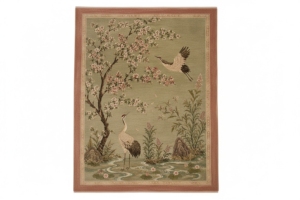 Alfombra de Lana Pura Anudada a Mano de Lujo, Diseño Tradicional Chinoiserie con Patrón de Grullas, Color Verde Salvia, Alfombra Oriental Floral Hecha a Mano Personalizada - Product Image 1