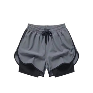 กางเกงขาสั้นกีฬาผ้าถักสีพื้นทรงปกติแบบแห้งเร็วพร้อมเชือกผูกเอวสีเทาตัดกัน - Product Image 6