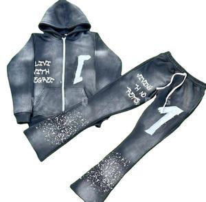 เสื้อวอร์มมีฮู้ดสำหรับผู้ชายเอวยางยืดสีล้วนพิมพ์ลายวินเทจสีซีด - Product Image 1