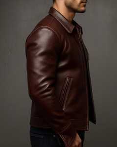 Chaqueta de Cuero Genuino Marrón para Hombre, Cuello Camisero, Cierre de Cremallera, Estilo Motero - Product Image 3