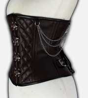 Corset sous-poitrine en cuir marron foncé pour femme avec fermeture à agrafes et crochets argentés, contrôle ferme, chaîne et boucle métalliques latérales