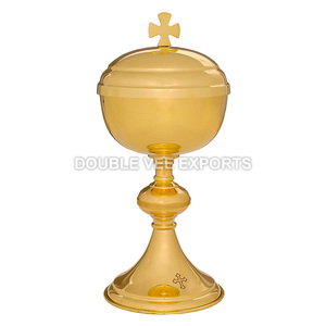 Ciborio de Latón Liso Chapado en Oro con Tapa con Cruz |   Recipiente para la Comunión – DOUBLE VEE EXPORTS - Product Image 2