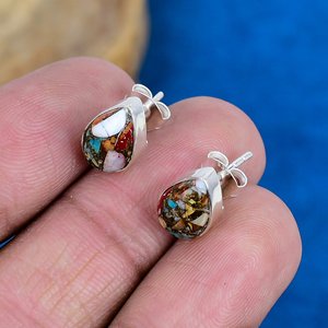 Natural Spiny Blue Oyster Turquoise Pear Shape Gemstone <b>Stud</b> Earring 925 Sterling <b>Silver</b> Finish - Product Image 3