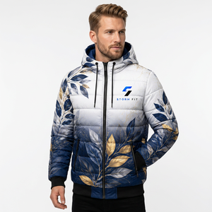 Veste matelassée à imprimé floral personnalisé, coupe-vent, hiver, à capuche, fermeture éclair, coupe classique, polyester, pour homme. - Product Image 2