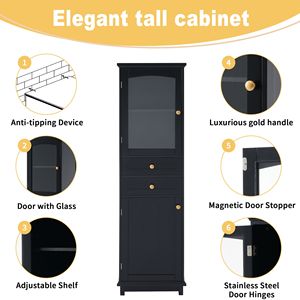 Mobiletto da Bagno Autoportante Alto 63 Pollici con Ante in Vetro, Due Cassetti Regolabili, Pannello in MDF Verniciato Nero, Arredo Bagno - Product Image 4