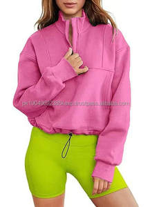 Sweat à capuche en coton molletonné à demi-zip avec cordon de serrage à l'ourlet, tendance printemps-automne - Product Image 5