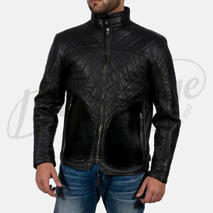Blouson en cuir matelassé noir premium pour homme, en véritable peau de mouton, avec surpiqûres en losange, coupe ajustée, style motard, manteau tendance - Product Image 1