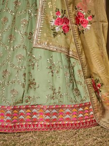 Green Embroidered Lehenga Set Sleeveless Blouse <b>Net</b> Dupatta Floral Border Wedding Festival Wear - Product Image 6