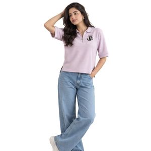 Polo à col mi-zippé à manches courtes en lavande avec jean large bleu clair – Tenue décontractée pour femme - Product Image 4