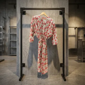 Bata de baño tipo kimono con estampado floral para mujer, manga larga, cuello en V, largo hasta la rodilla, cierre con cordón, bata de algodón de longitud completa - Product Image 5