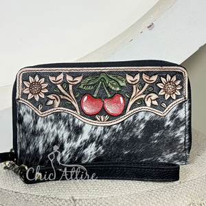 Cartera de mano de cuero genuino de vaca estilo occidental con grabado de cerezas, con cremallera y correa para la muñeca, organizador para mujer - Product Image 1