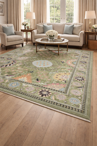 Alfombra Turca Oushak Vintage con Diseño de Jardín, Base Verde Oliva - Product Image 2