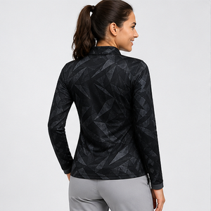 Custom <b>Black</b> Charcoal Angular Geometric Print Womens Long Sleeve Quarter Zip <b>Polo</b> Shirt Quick Dry Performance Golf <b>Top</b> WPS-0713 - Product Image 4