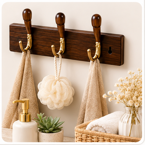 Premium Solid Walnut Modern <b>Wall</b> Mounted <b>Coat</b> <b>Rack</b> with 3 Antique Brass Hooks Wood Hook Rail Kitchen & Bathroom Organization - Product Image 4