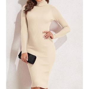 Vestido suéter de cuello alto de manga larga para mujer, vestido midi de punto acanalado ajustado, vestido informal elegante para otoño e invierno - Product Image 5