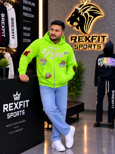 Sudadera con capucha verde neón personalizada para hombre, estilo urbano, con bordado gráfico, forro polar oversize y parches, ropa deportiva OEM - Product Image 2
