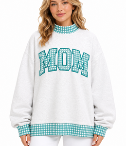 Women's Casual Oversized <b>Mock</b> <b>Neck</b> Sweatshirt Dark Green Gingham Graphic Long Sleeve Loose Fit Fleece <b>Top</b> - Product Image 1