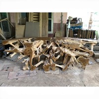 Table console sur mesure en racine de teck massif avec bord naturel, base sculpturale artistique, style rustique moderne, écologique et durable, mobilier de maison