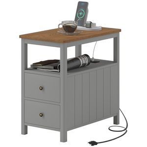 Tavolino Laterale Grigio con Stazione di Ricarica e Porte USB, Tavolino Stretto con Cassetti, Arredamento per Soggiorno - Product Image 1