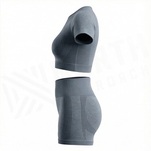 Women's 2 Piece Sporty <b>Knitted</b> <b>Set</b> Short Sleeve Crop Top and Above Knee Shorts Solid Breathable Mesh Design Crew Neck Regular - Product Image 3
