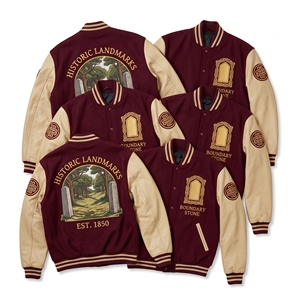 Blouson universitaire en laine bleu sarcelle avec broderie Inland Fleet Barge Tiller et manches en cuir marron, style bomber, vente en gros - Product Image 2