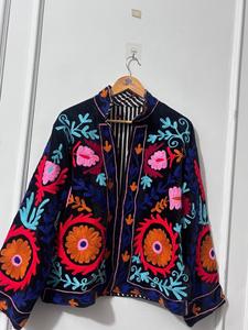 Bohemian Velvet Knitted <b>Quilted</b> Embroidered Floral Bomber Jacket Mandarin Collar Full Sleeve Autumn Women's Handmade Ethnic <b>Wool</b> - Product Image 2