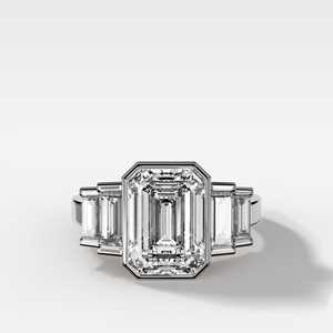 Emerald Cut Lab Grown Diamond Engagement Ring Art Deco Bar Bezel Wholesale 14K <b>Solid</b> Gold Custom 3 Carat 5 Stone Ring For Women - Product Image 2