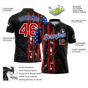 Polo de performance athlétique à motif 3D personnalisé noir et rouge-royal, drapeau américain, anti-humidité - Product Image 3