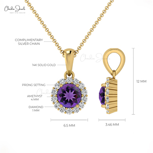 Luxury Prong-Set 4mm Amethyst & Diamond Halo <b>Pendant</b> 14k <b>Solid</b> <b>Gold</b> Charm <b>Pendant</b> Necklace Double Birthstone Gift for Her - Product Image 4